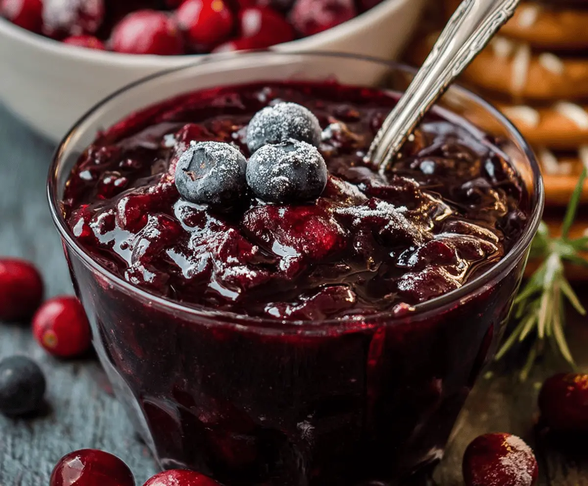 Delicious homemade blueberry cranberry sauce in a bowl, perfect for holiday meals.