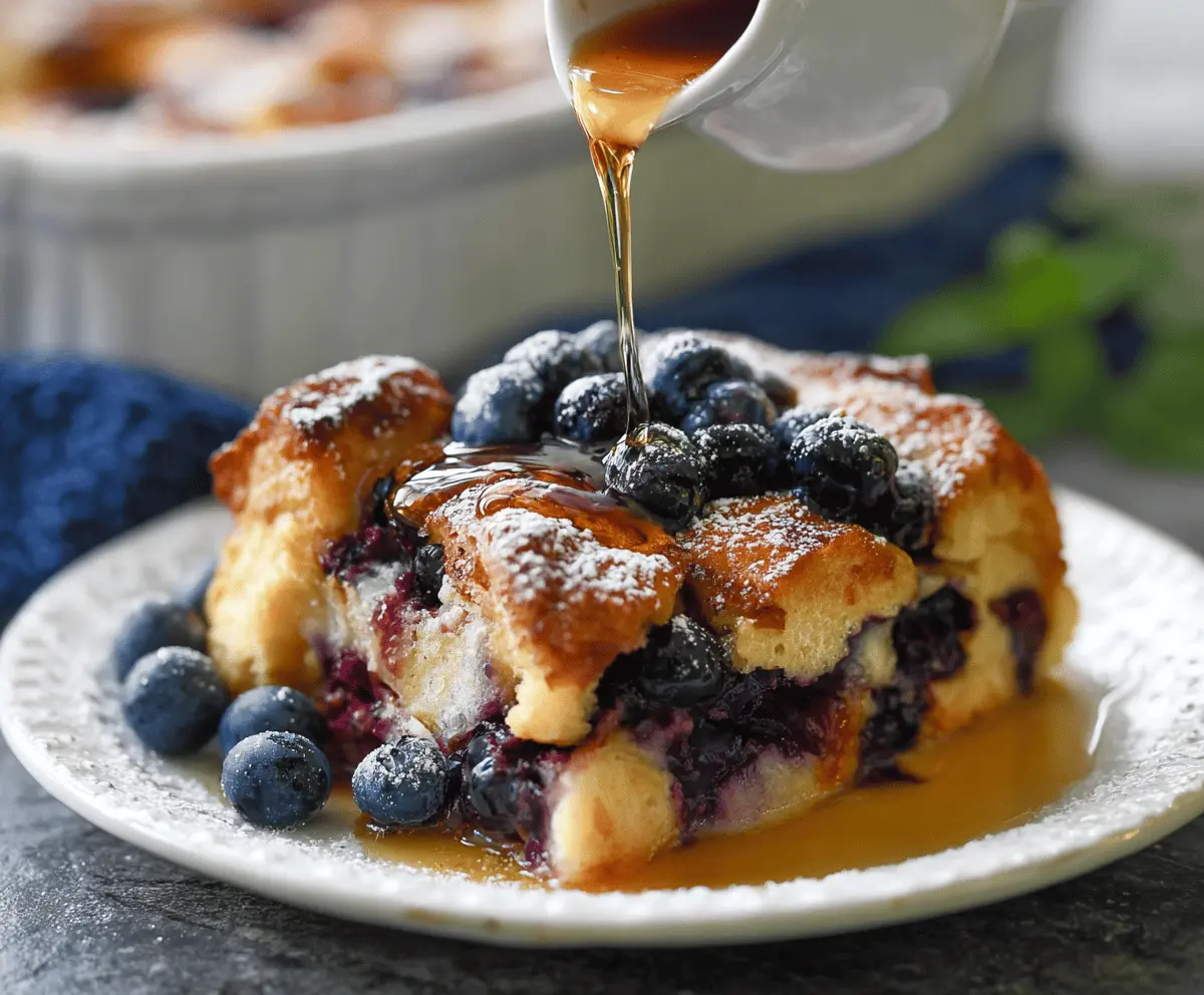 Delicious Blueberry French Toast Casserole topped with fresh blueberries and powdered sugar, perfect for breakfast or brunch.