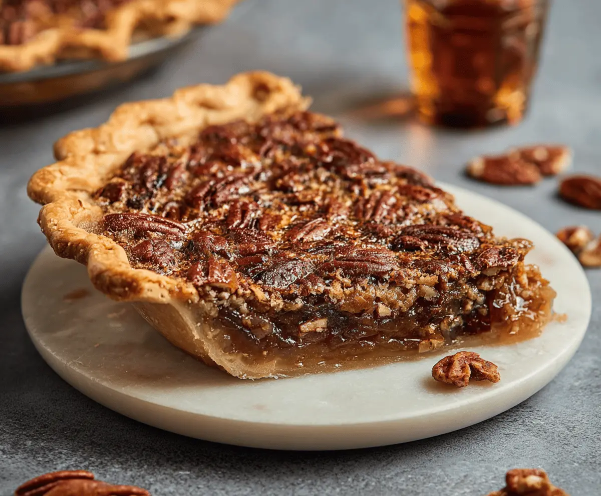 Delicious bourbon pecan pie topped with toasted pecans, perfect for desserts and special occasions.