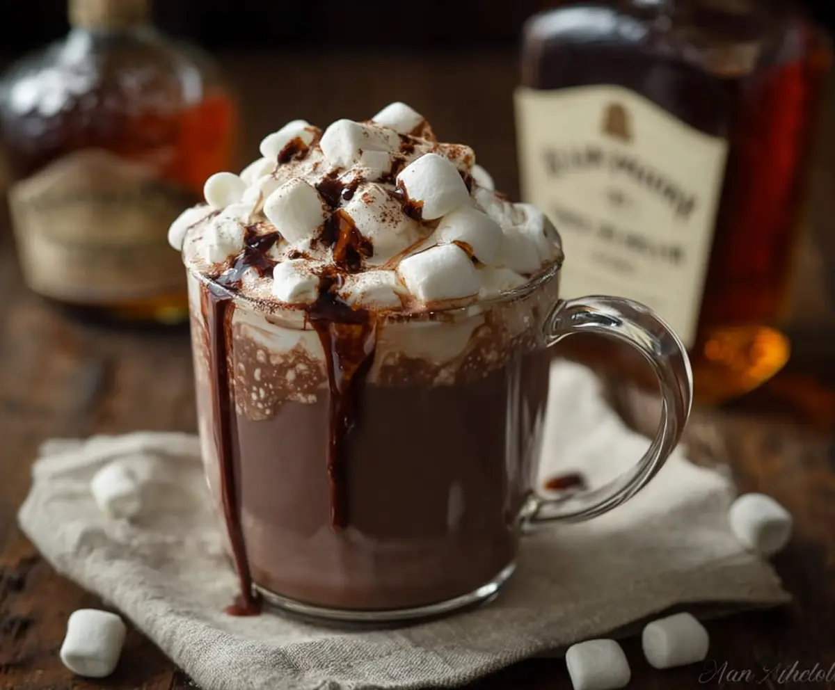 Creamy Bourbon Spiked Hot Chocolate in a mug with whipped cream and chocolate shavings