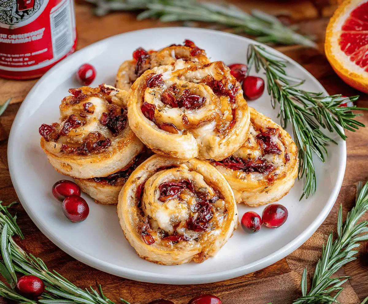 Delicious Brie and Cranberry Pinwheels with a flaky golden crust, perfect for parties and snacks.