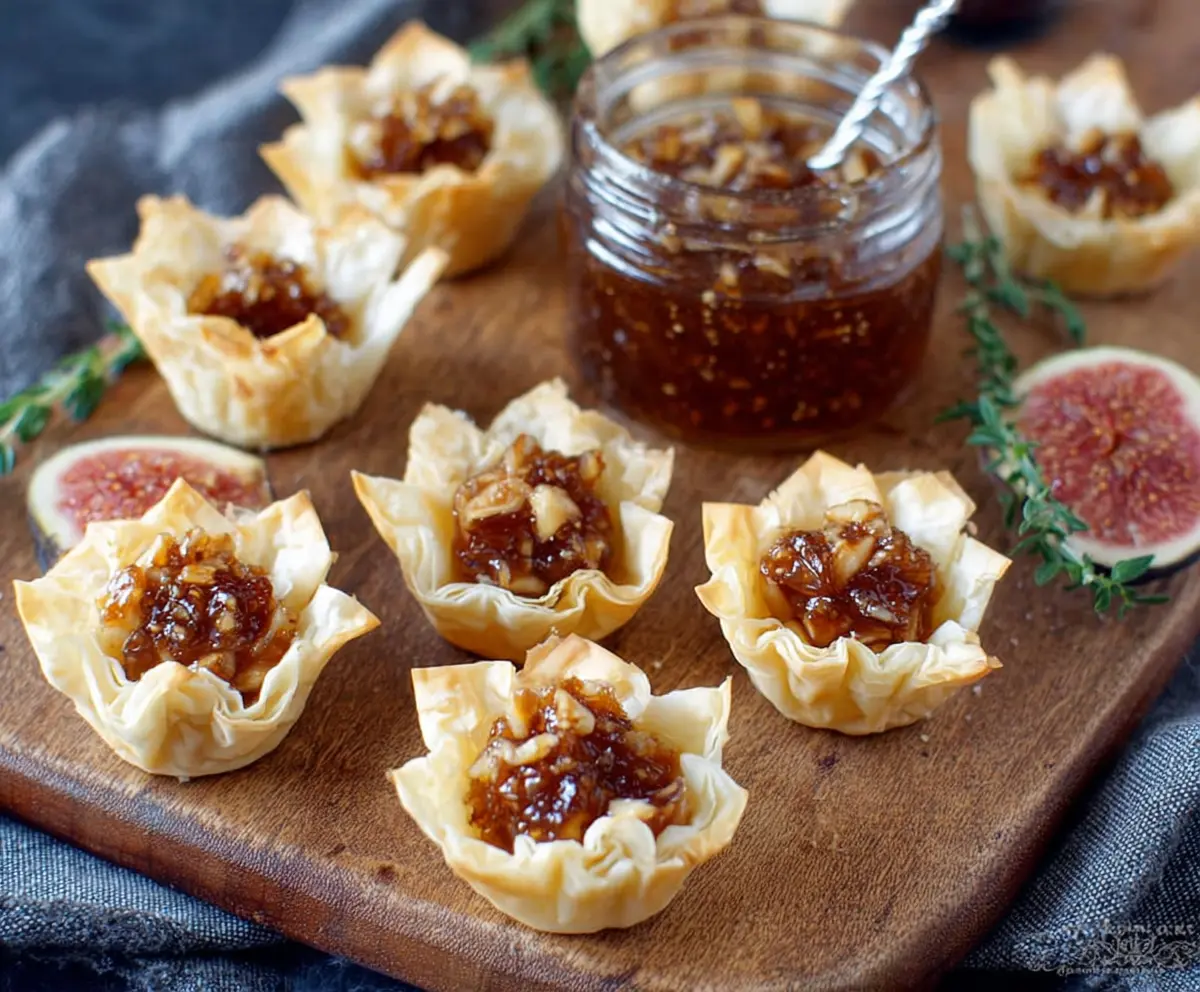 Delicious Brie and Fig Phyllo Cups served as an elegant appetizer with golden crispy filo pastry and creamy cheese filling.