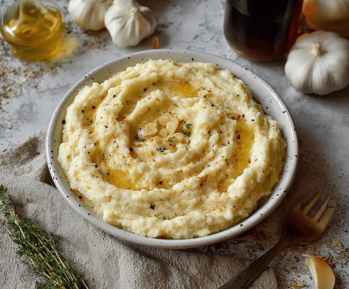 Creamy brown butter garlic mashed potatoes in a bowl, garnished with herbs, perfect for a comforting meal.