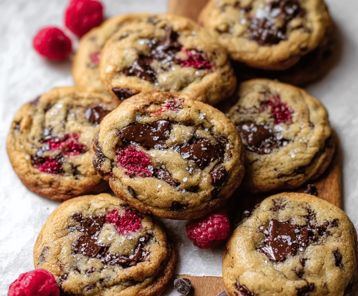 Delicious brown butter raspberry chocolate chip cookies on a plate, perfect for sweet cravings.