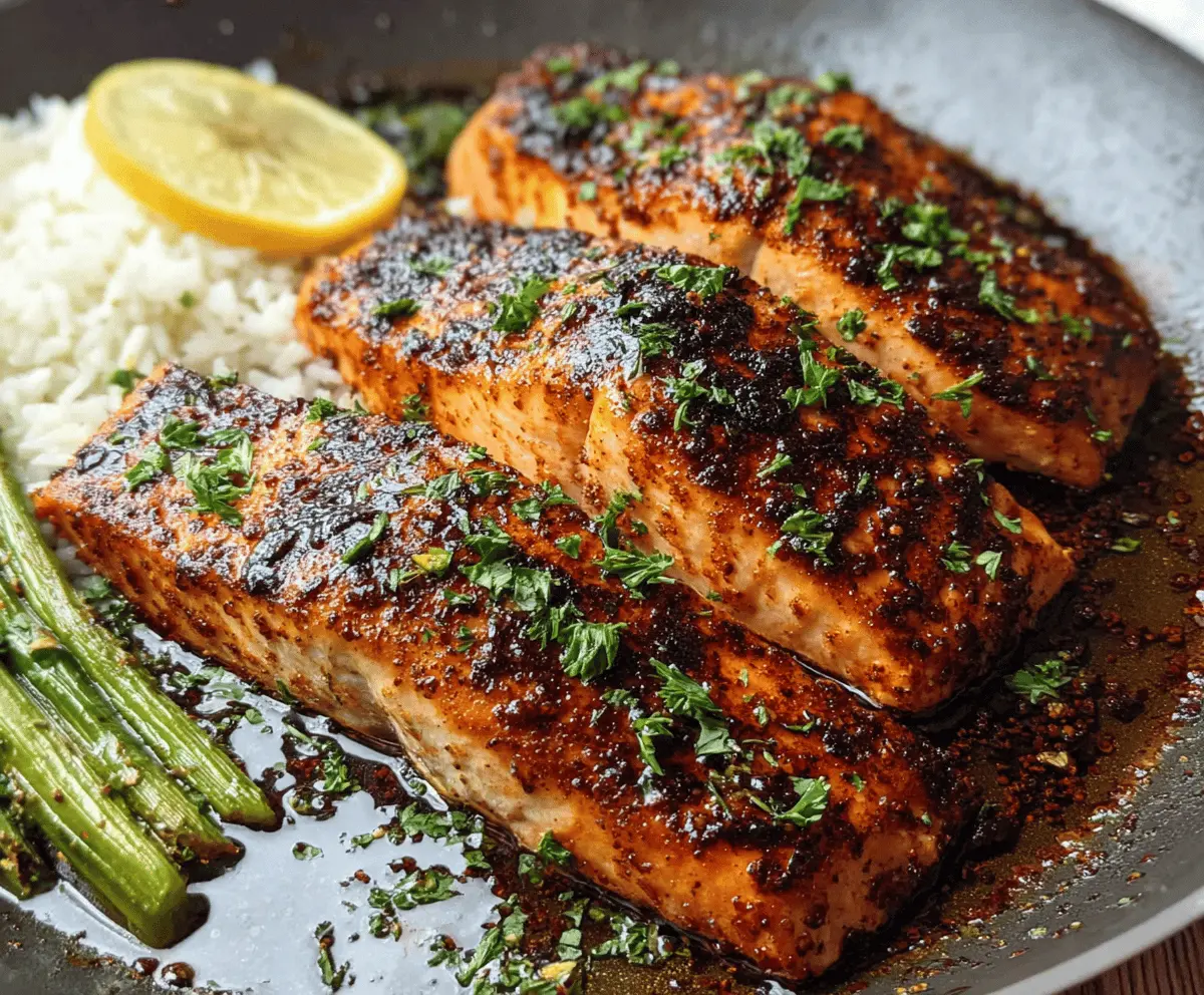 Juicy Cajun Honey Butter Salmon fillet garnished with herbs on a rustic table