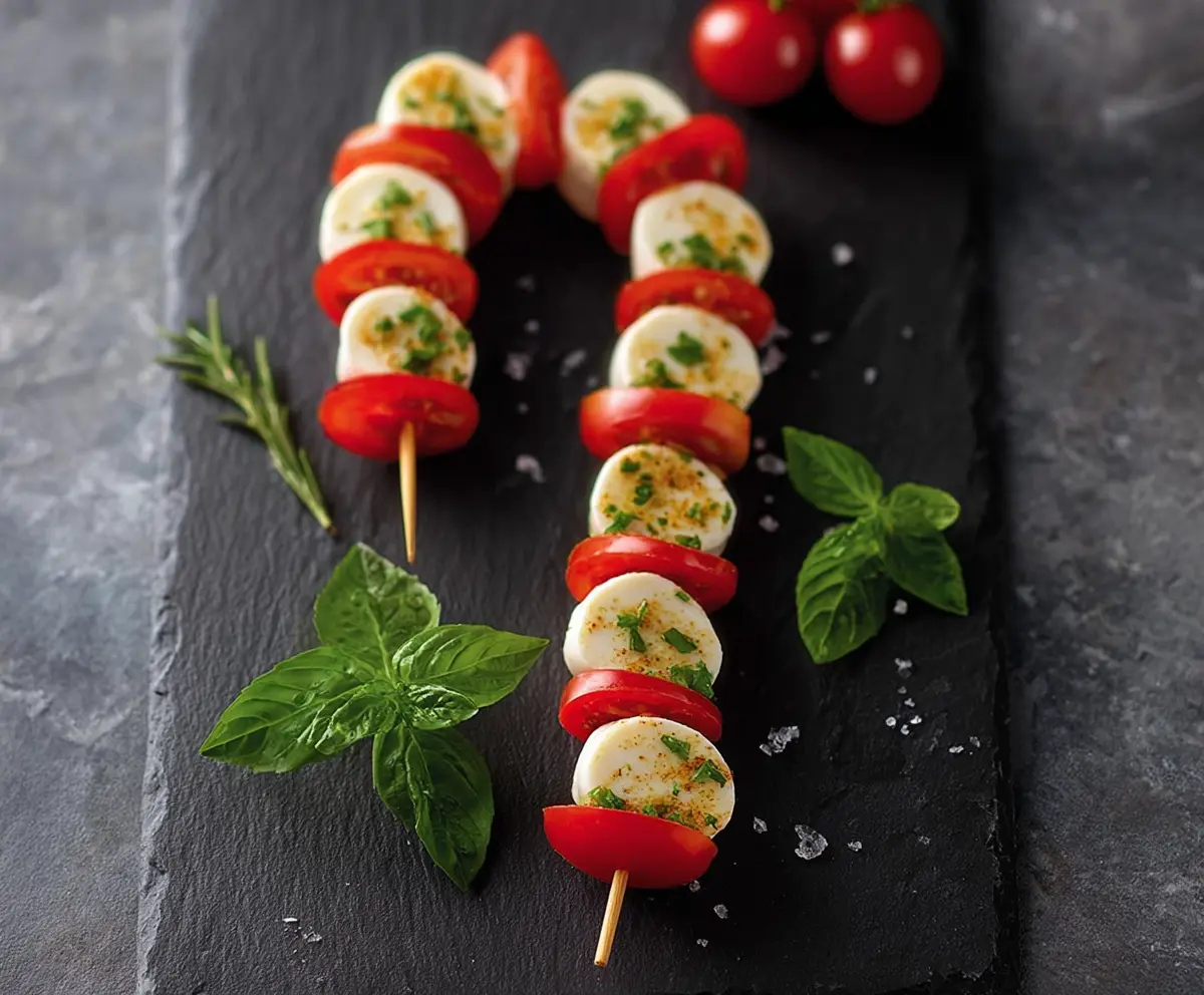 Colorful Candy Cane Caprese Skewers with fresh mozzarella, cherry tomatoes, and basil on festive holiday table.