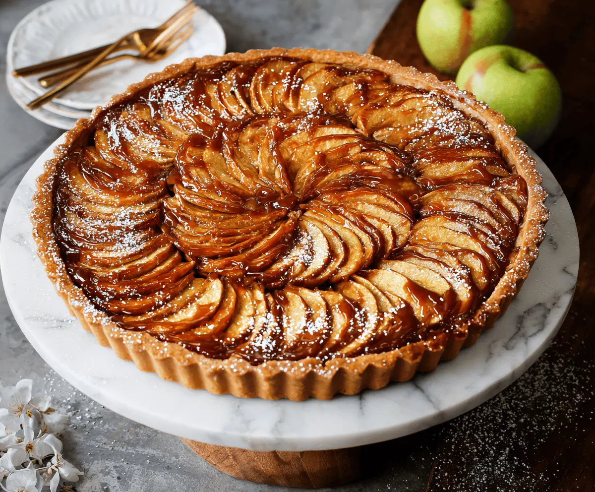 Delicious caramel apple tart topped with shiny caramel glaze and fresh apple slices.