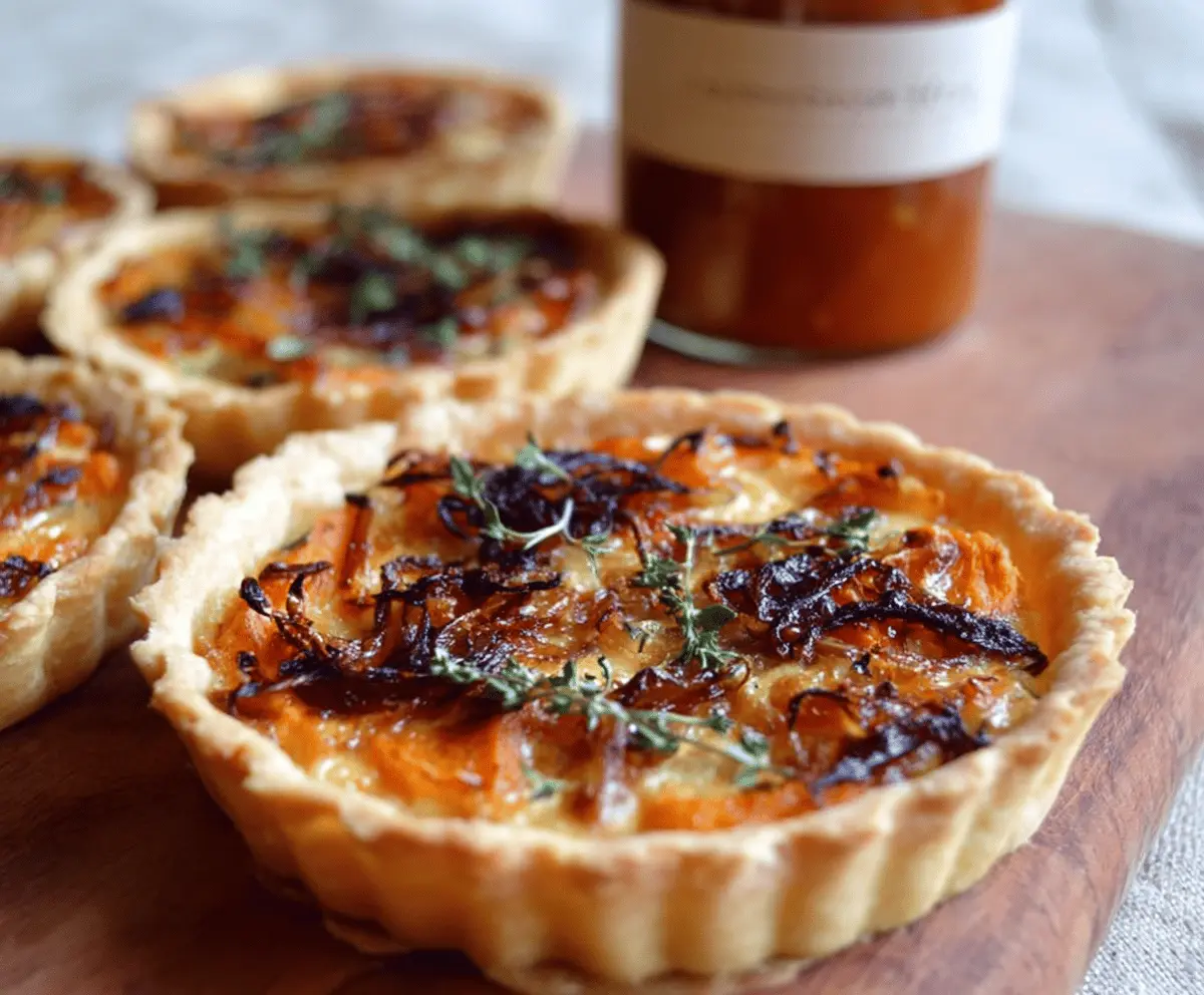 Delicious caramelized onion and sweet potato tart on a rustic wooden table, garnished with herbs.