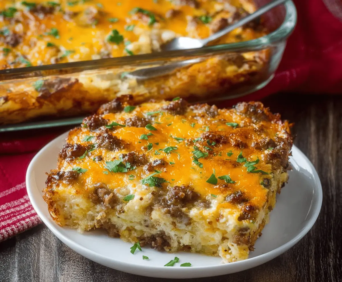 Delicious cheesy sausage and hashbrown breakfast casserole served hot on a plate.