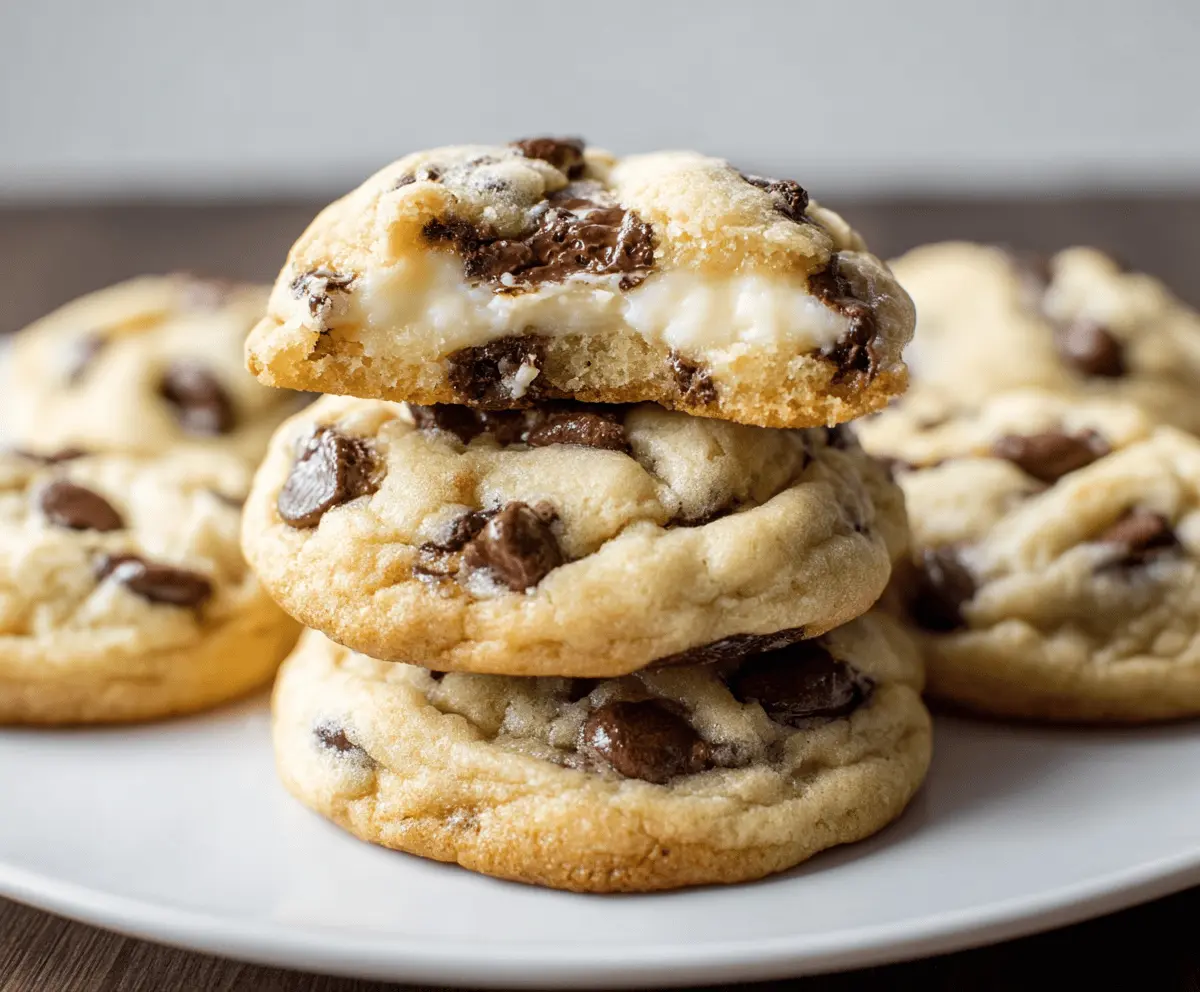 Delicious chocolate chip cheesecake cookies with a golden-brown exterior and gooey chocolate chips.