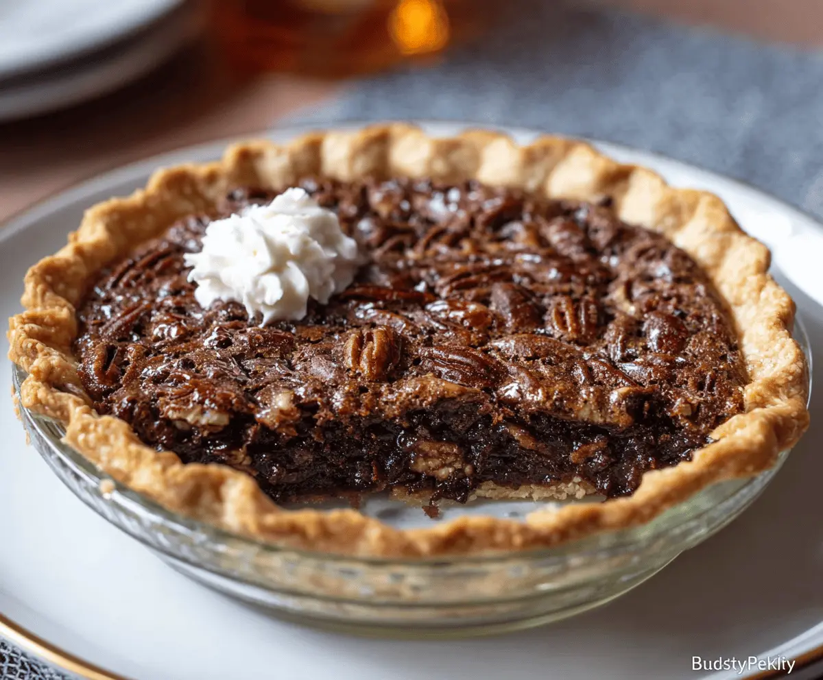 Delicious homemade chocolate pecan pie with a flaky crust and rich chocolate filling.