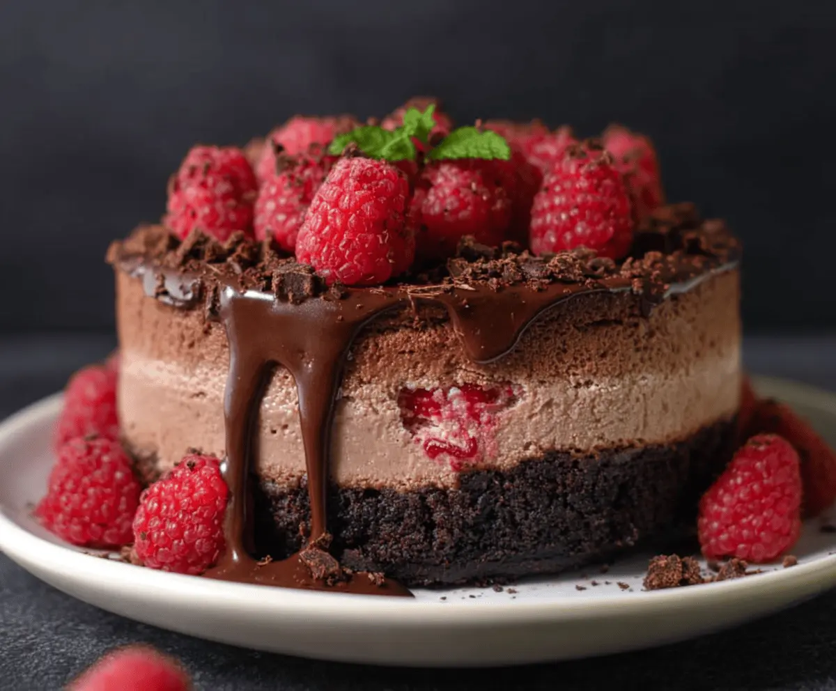 Delicious chocolate raspberry cheesecake with a rich, creamy texture and fresh raspberry topping