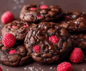 Delicious chocolate raspberry cookies fresh out of the oven, showcasing a rich chocolate glaze with vibrant raspberry accents.