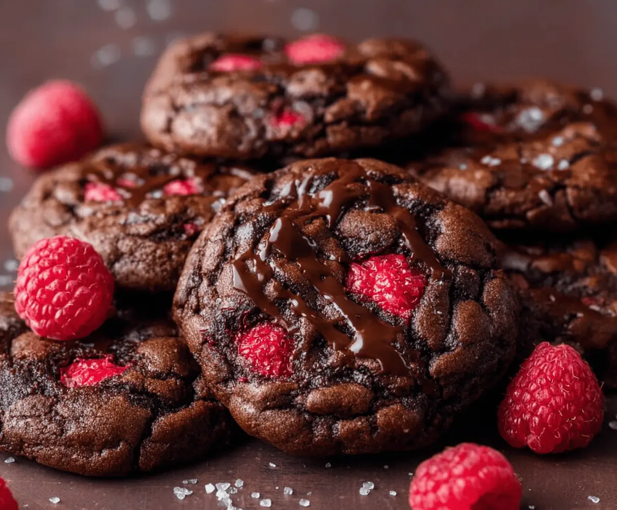 Delicious chocolate raspberry cookies fresh out of the oven, showcasing a rich chocolate glaze with vibrant raspberry accents.