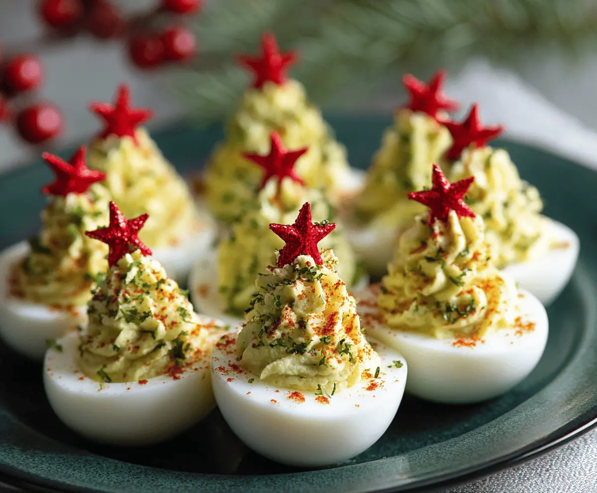 Christmas deviled eggs decorated with festive toppings for holiday celebration