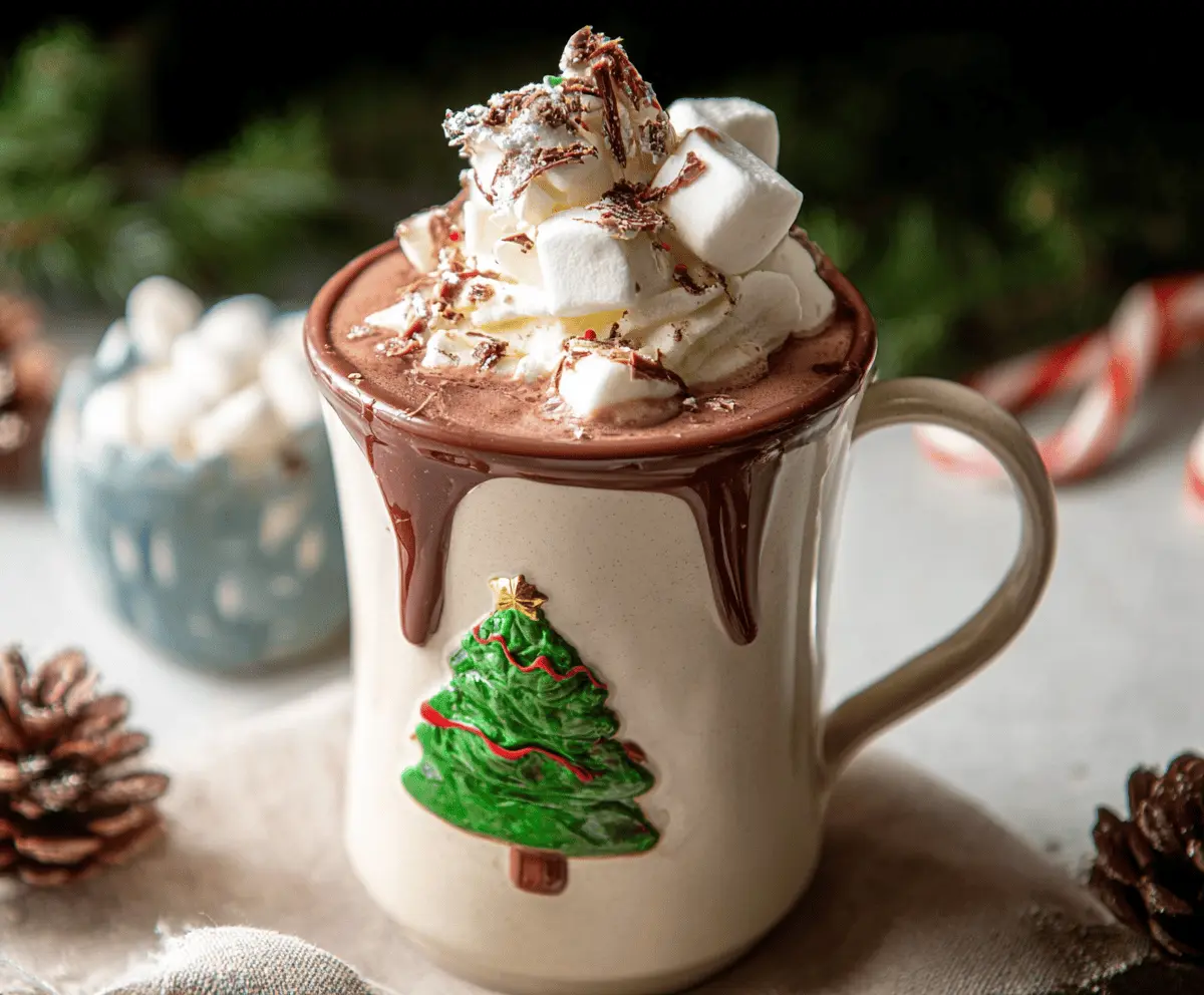 Warm Christmas hot chocolate topped with whipped cream and festive sprinkles in a cozy holiday setting