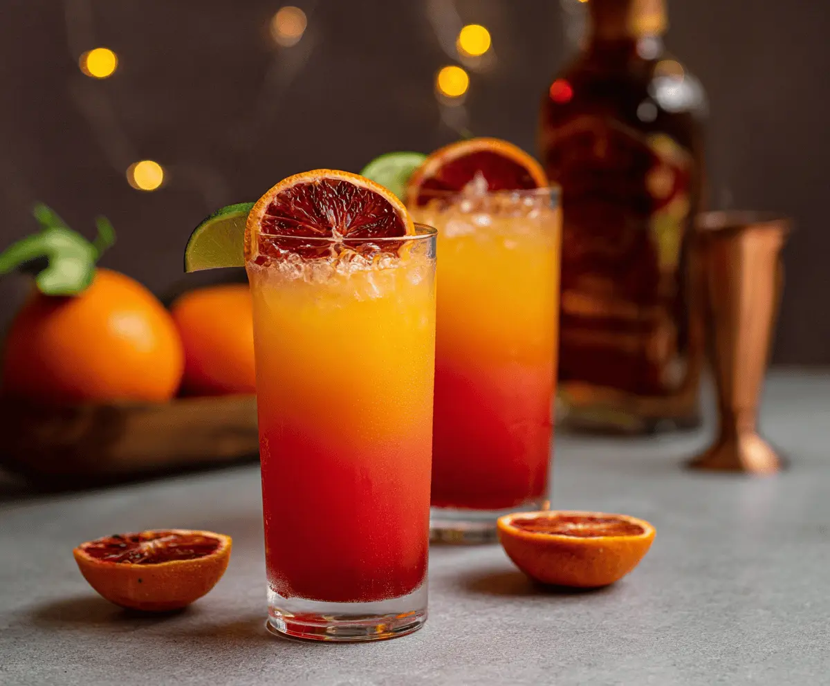 Festive Christmas Tequila Sunrise cocktail with vibrant orange and red hues garnished with a cherry and mint on a holiday-themed table.