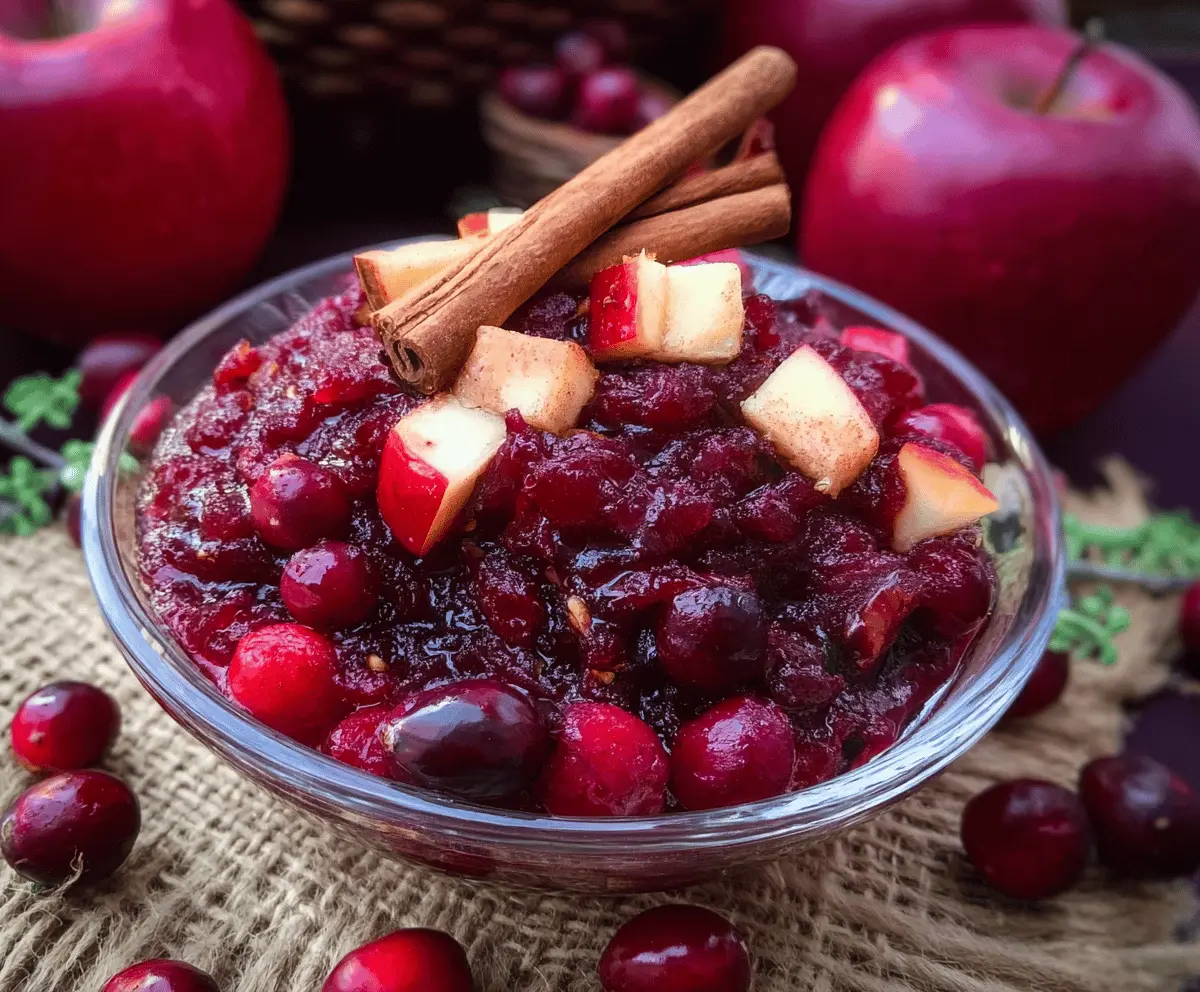 Homemade cinnamon apple cranberry sauce in a glass bowl for holiday dessert