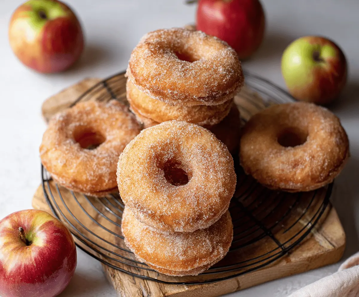 Delicious cinnamon apple donuts glazed with cinnamon sugar, perfect for breakfast or snacking.