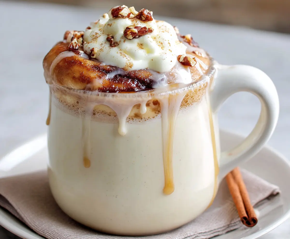 Creamy cinnamon bun white hot chocolate topped with whipped cream and cinnamon for a cozy winter treat.
