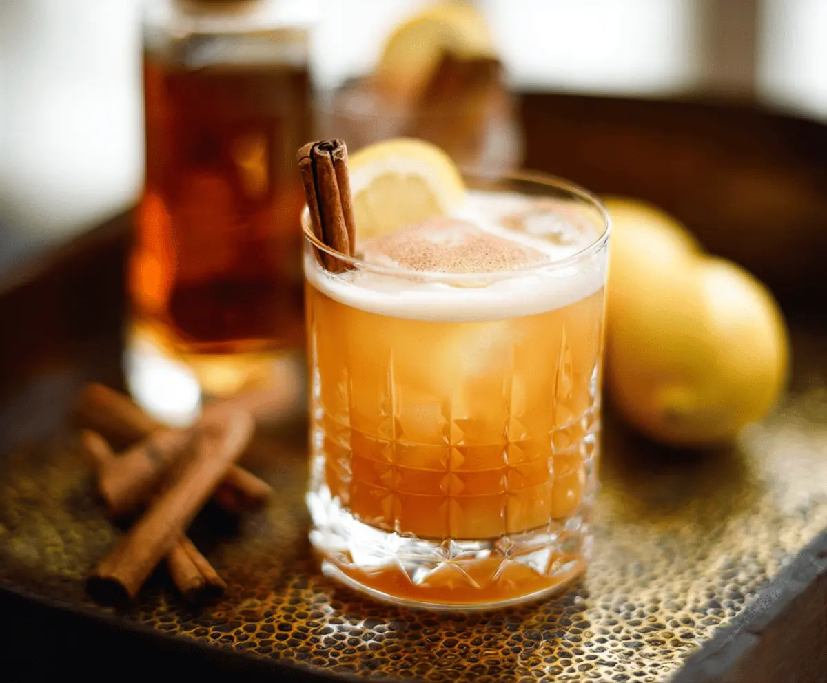 Refreshing Cinnamon Maple Whiskey Sour cocktail garnished with a cinnamon stick and maple syrup drizzle.