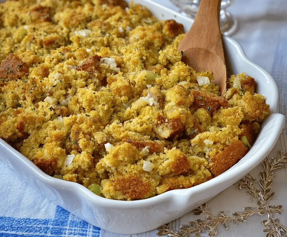 Delicious homemade cornbread dressing with herbs and spices for a classic holiday side dish.