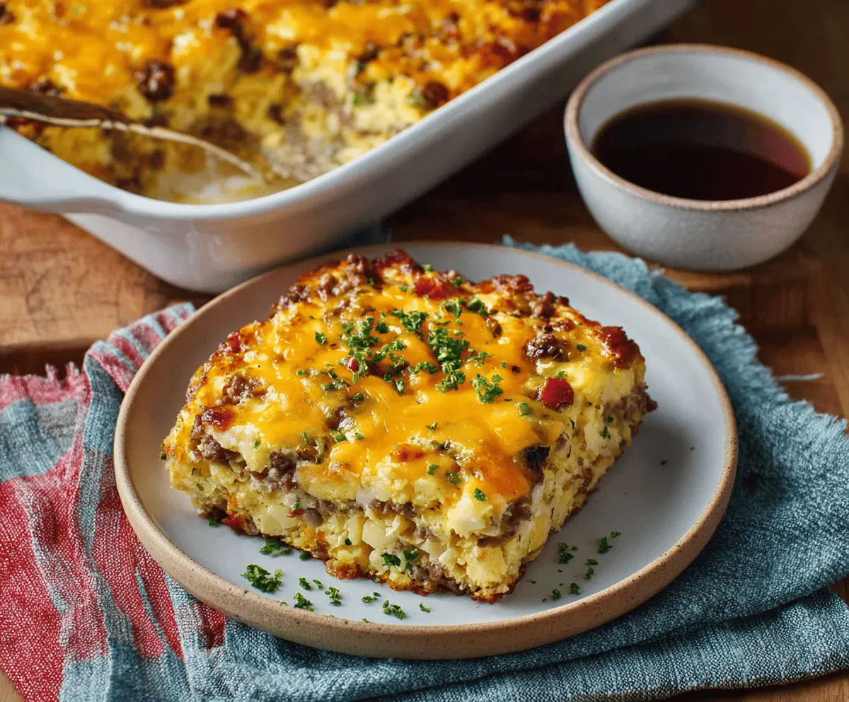 Hearty Cowboy Breakfast Casserole with eggs, sausage, and cheese in a baking dish.