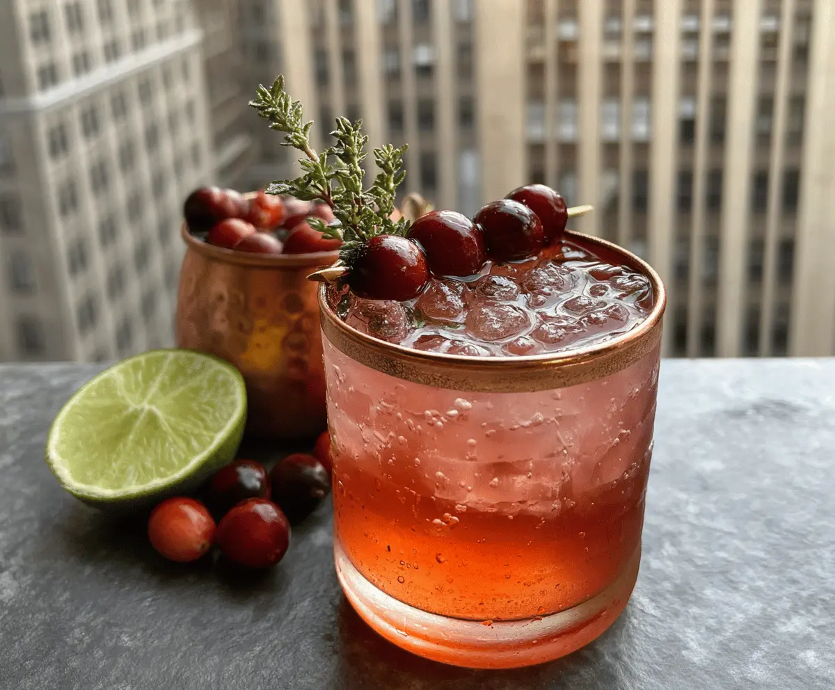 Refreshing Cranberry Bourbon Mule cocktail garnished with fresh cranberries and lime wedge.