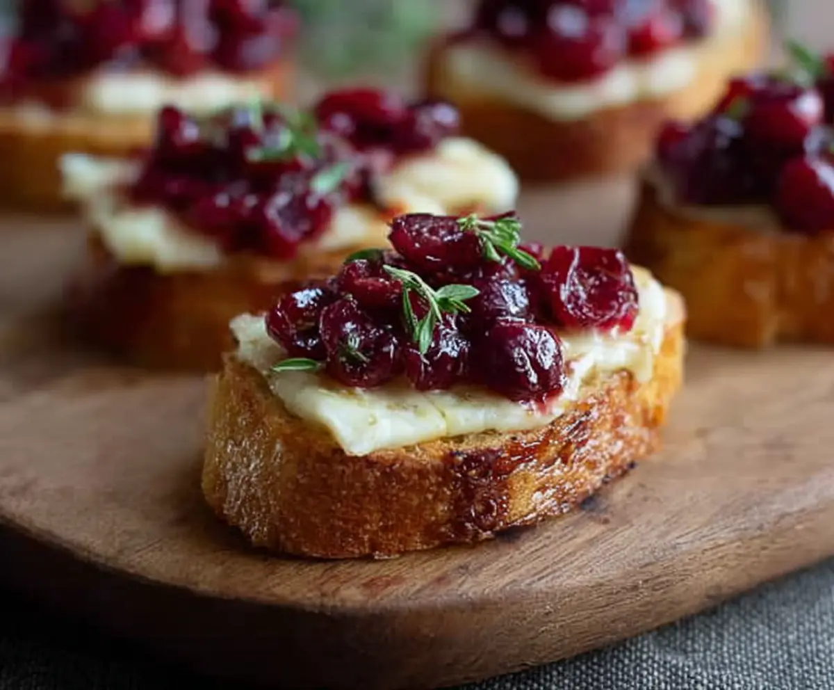 Cranberry Brie Toast topped with fresh cranberries and herbs, served as a festive appetizer
