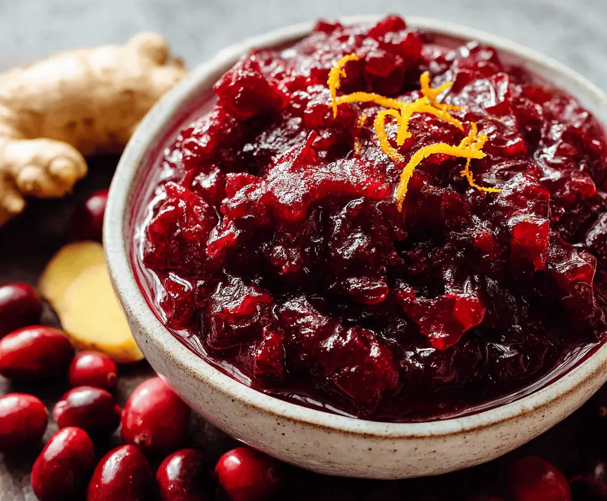 Homemade cranberry ginger sauce in a glass jar with fresh cranberries and ginger slices for holiday desserts.