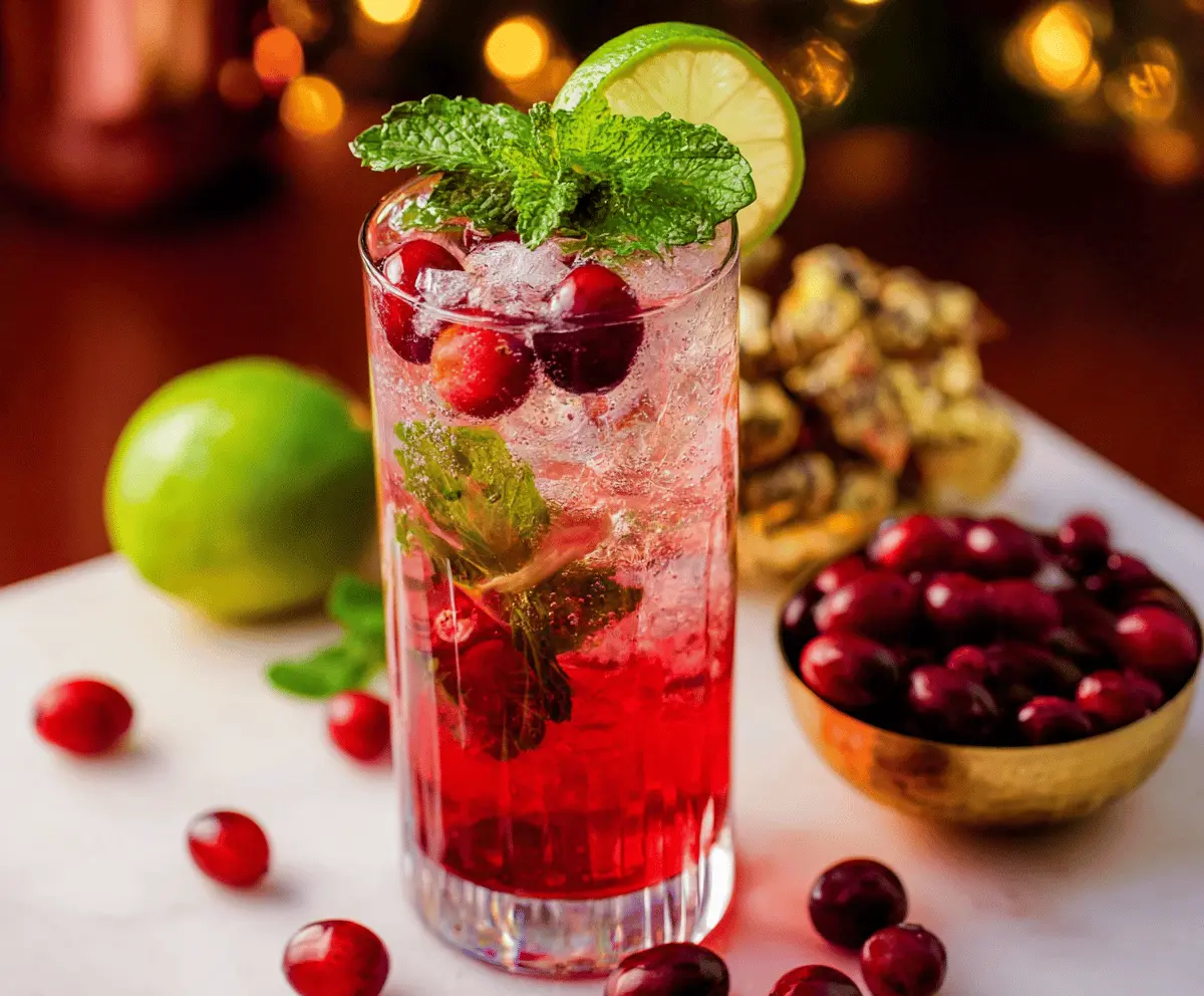 Refreshing Cranberry Mint Mojito in a clear glass with fresh cranberries and mint leaves.