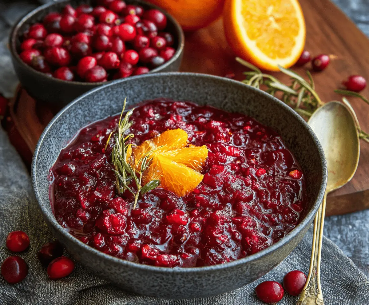 Homemade cranberry orange sauce in a glass bowl with fresh cranberries and orange slices for holiday dinner