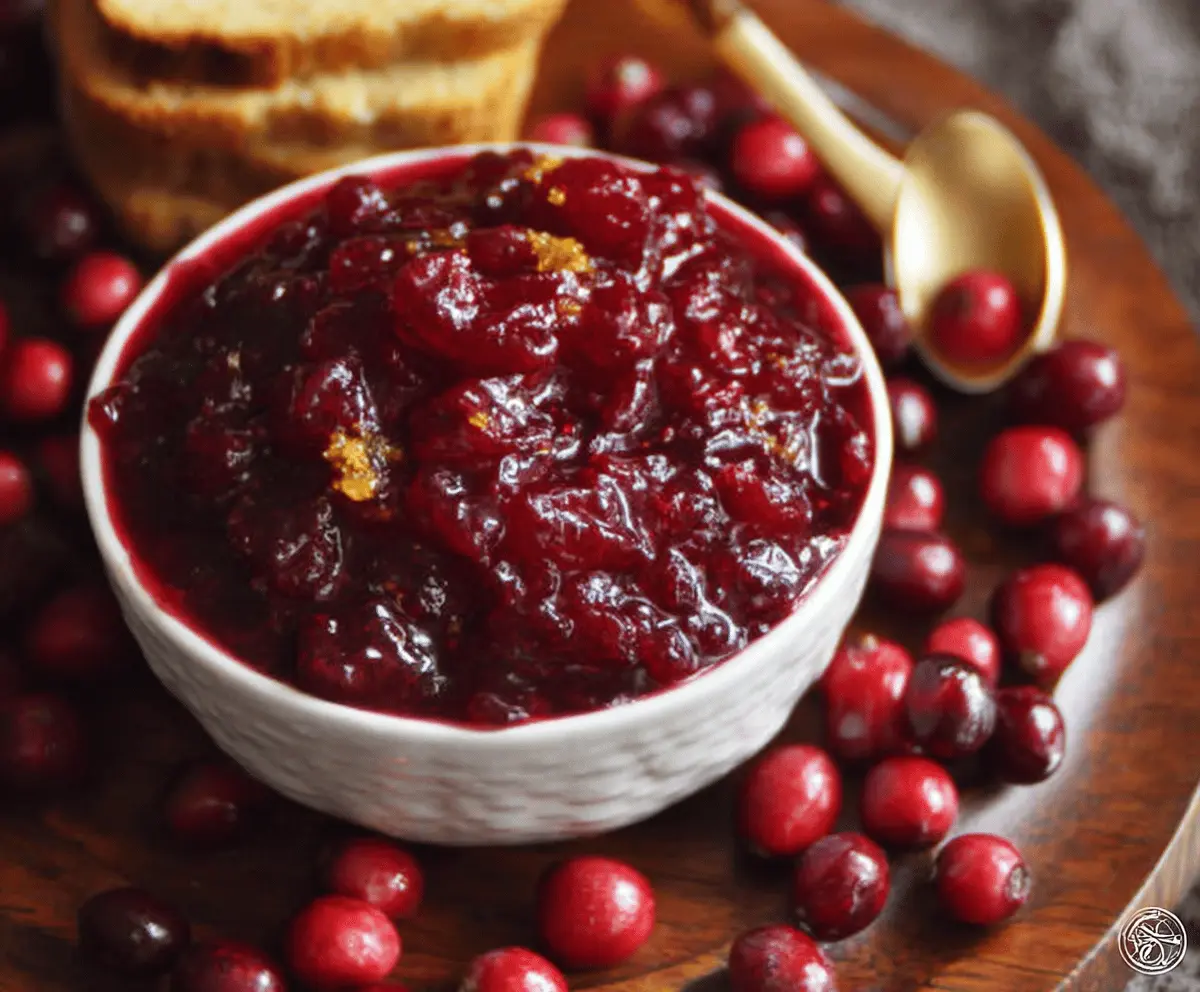 Bowl of homemade cranberry sauce with orange marmalade and fresh cranberries for a festive holiday meal.