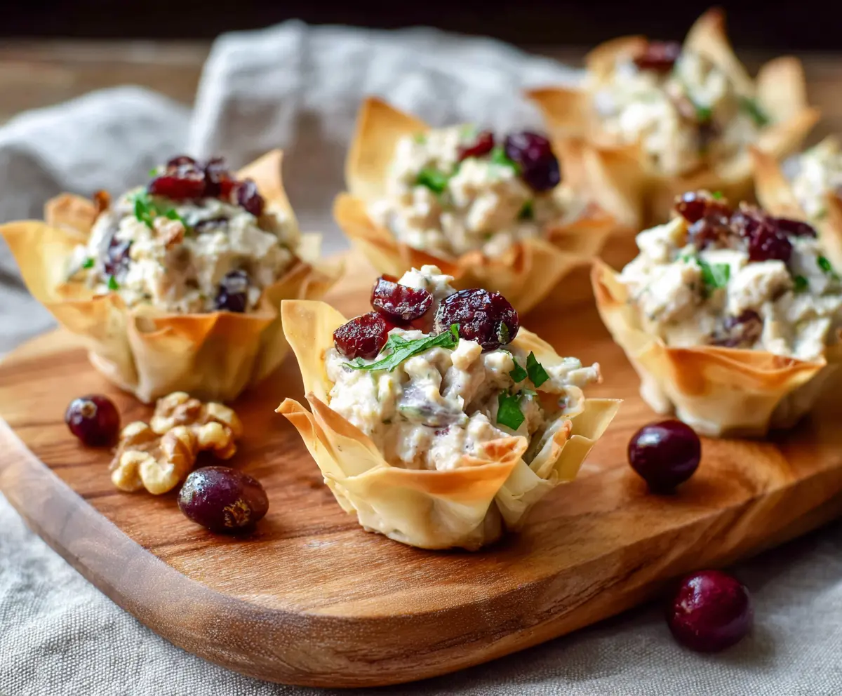 Cranberry Walnut Chicken Salad served in crispy phyllo cups, garnished with fresh herbs.