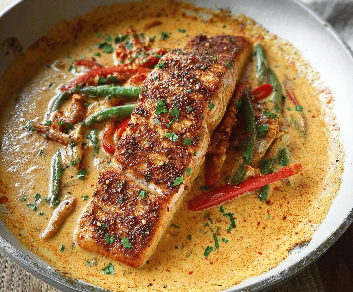 Delicious creamy Cajun pepper salmon served on a plate, garnished with fresh herbs.