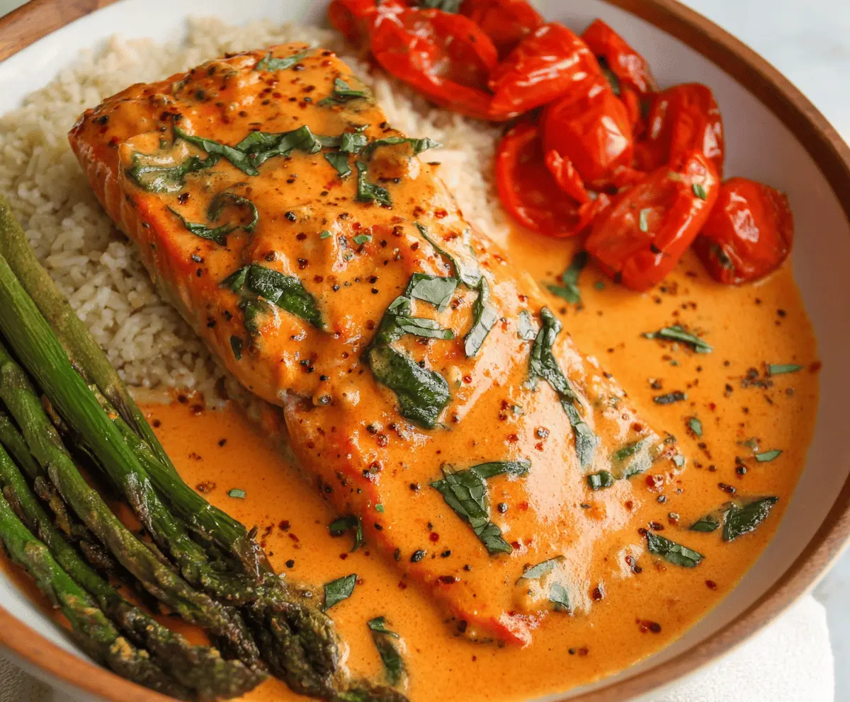 Delicious creamy roasted red pepper salmon served on a plate, garnished with herbs.