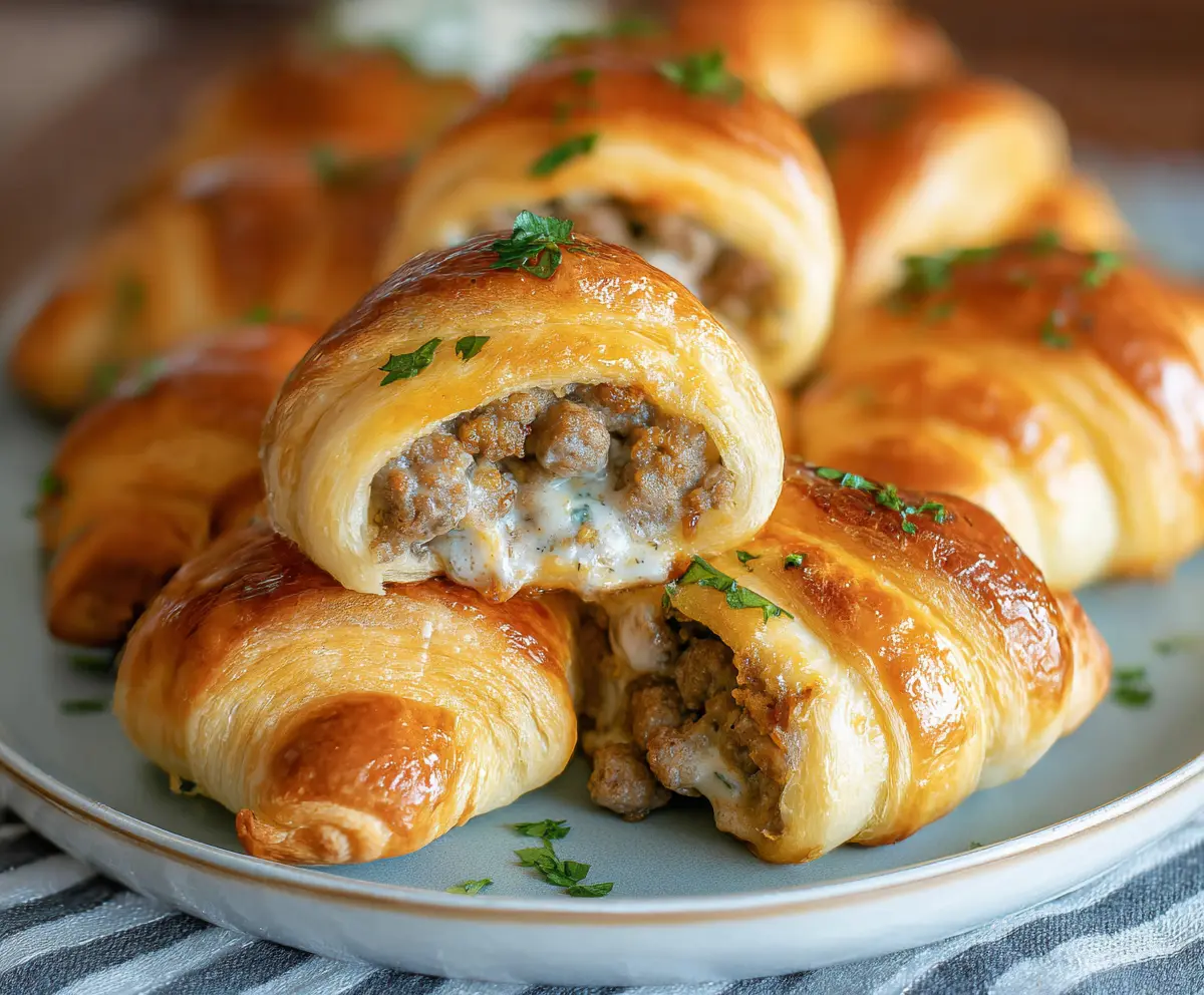 Delicious creamy sausage-stuffed crescent rolls fresh out of the oven, perfect for brunch or parties.