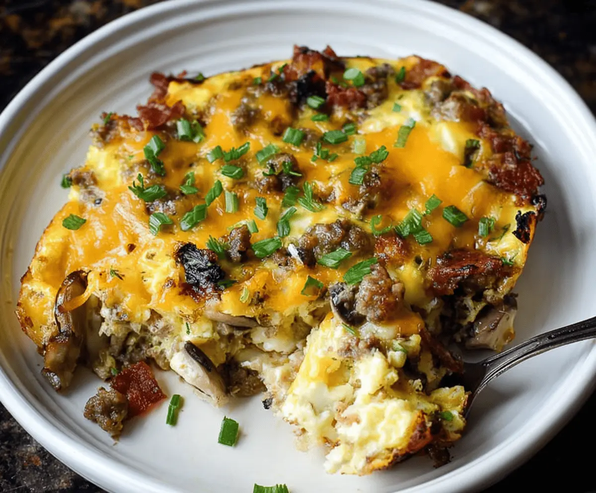 Delicious Crockpot Breakfast Casserole with eggs, cheese, and breakfast sausage in a slow cooker.