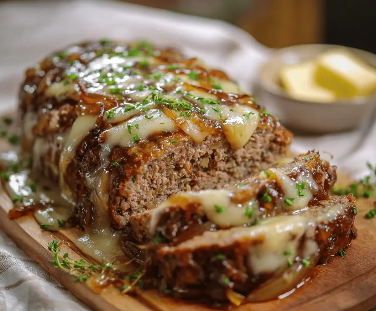 Delicious Crockpot French Onion Meatloaf topped with melted Swiss cheese on a serving plate.
