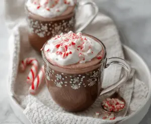 Creamy Crockpot Peppermint Hot Chocolate topped with whipped cream and crushed peppermint candies