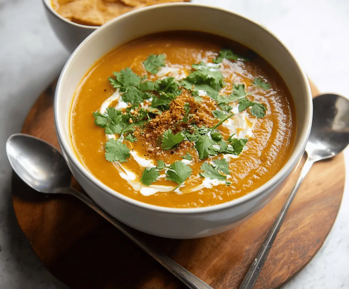 Heated bowl of creamy curried sweet potato soup garnished with fresh herbs and served in a rustic setting.