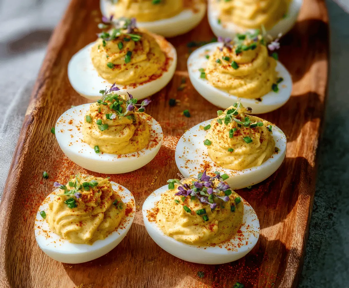 Delicious deviled eggs with mustard filling, garnished with paprika on a white plate.