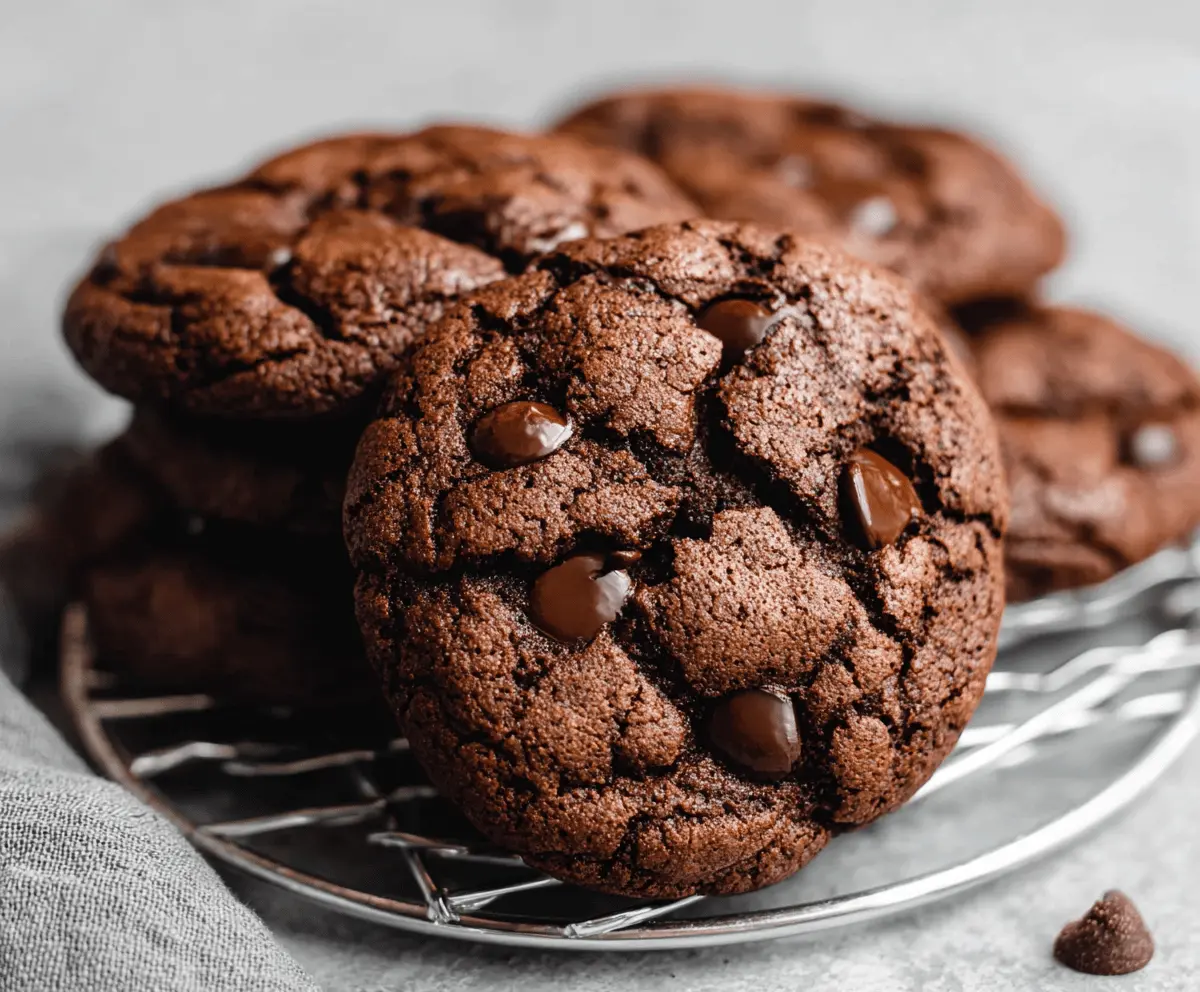 Delicious double chocolate chip cookies fresh out of the oven, showcasing gooey chocolate chunks and a soft, chewy texture.