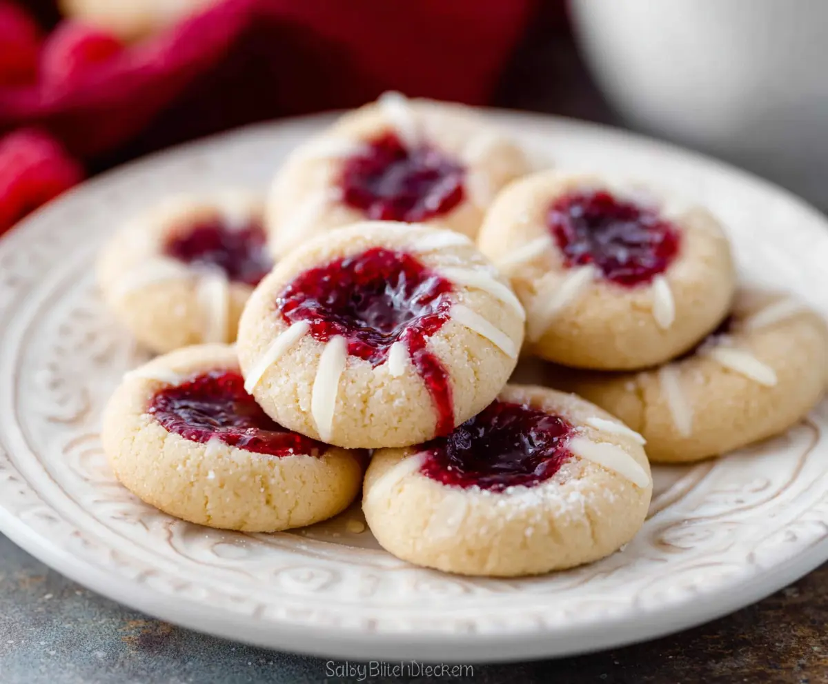 Delicious homemade raspberry almond thumbprint cookies with a golden crust and raspberry filling.