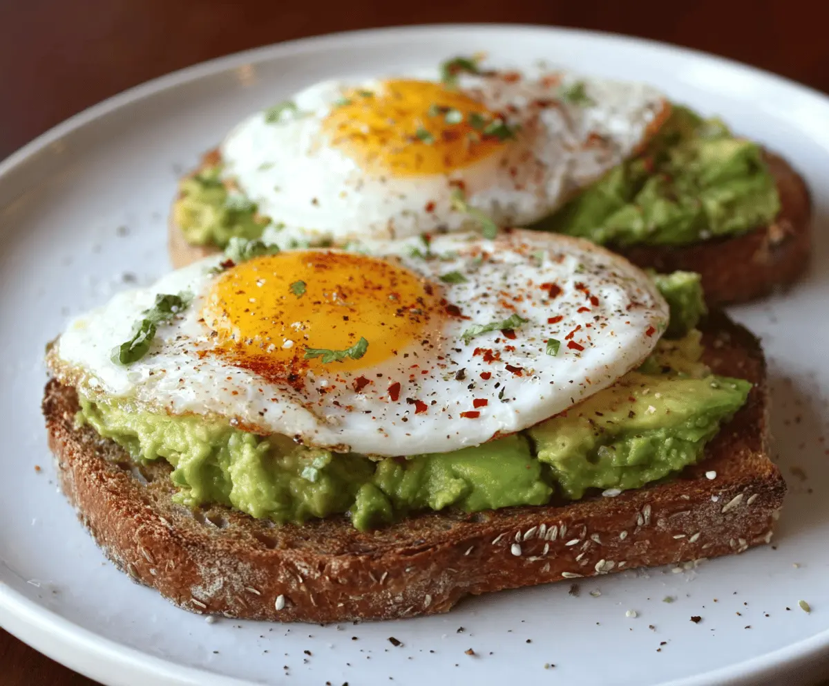 Creamy avocado toast topped with a perfectly fried egg, served on whole grain bread for a healthy breakfast.