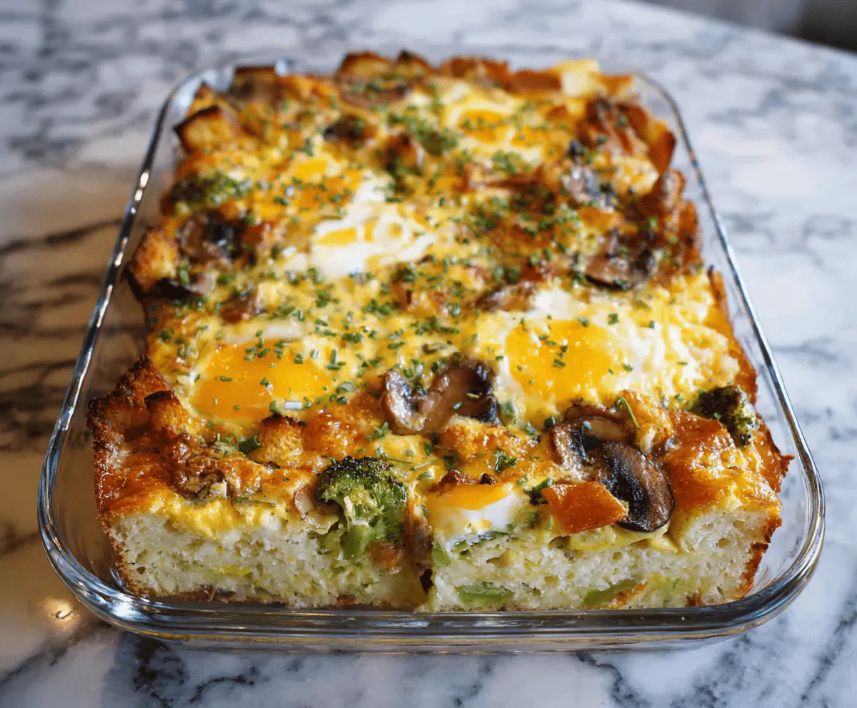 Delicious egg breakfast casserole with cheese and herbs fresh out of the oven.