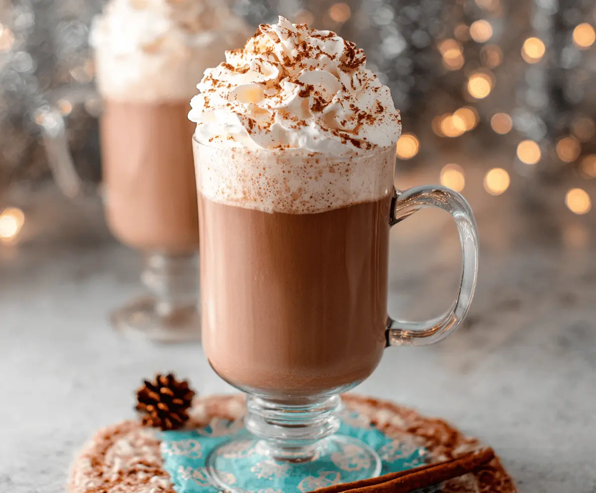 Creamy eggnog hot chocolate topped with whipped cream and nutmeg in a cozy mug.