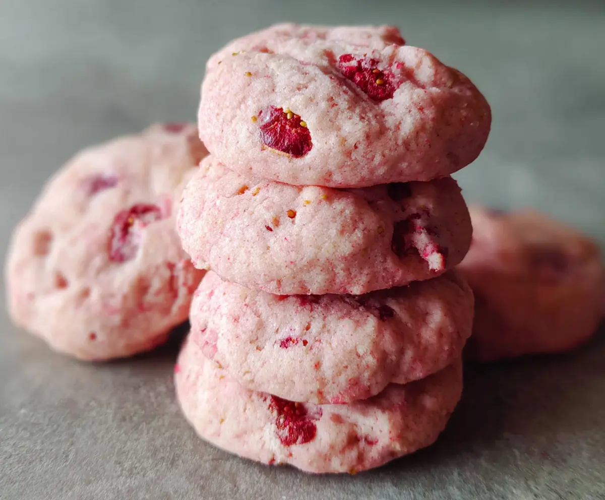 Delicious fluffy strawberry and raspberry cookies on a plate with fresh berries in the background.