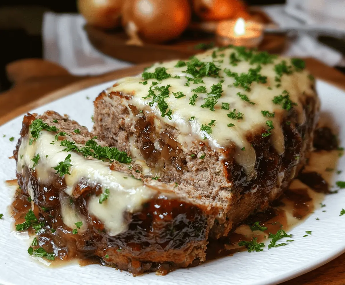Delicious French Onion Meatloaf topped with caramelized onions and melted cheese, perfect for a hearty meal.