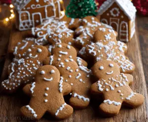 Delicious homemade gingerbread biscuits with festive icing and spices on a holiday plate.